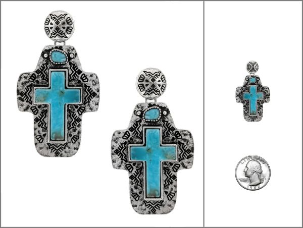 AE6738 6797 WESTERN HAND STONE POST EARRING CROSS