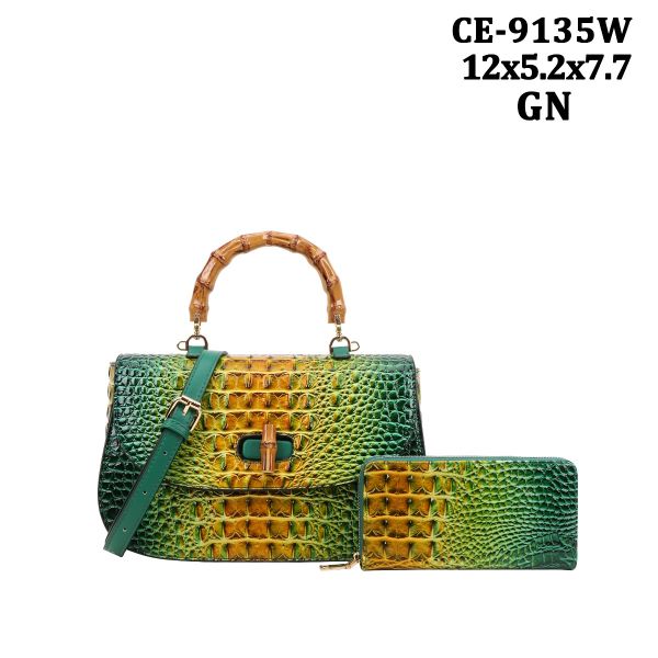 CE-9135W GN CROCO DESIGNER BAG WITH WALLET