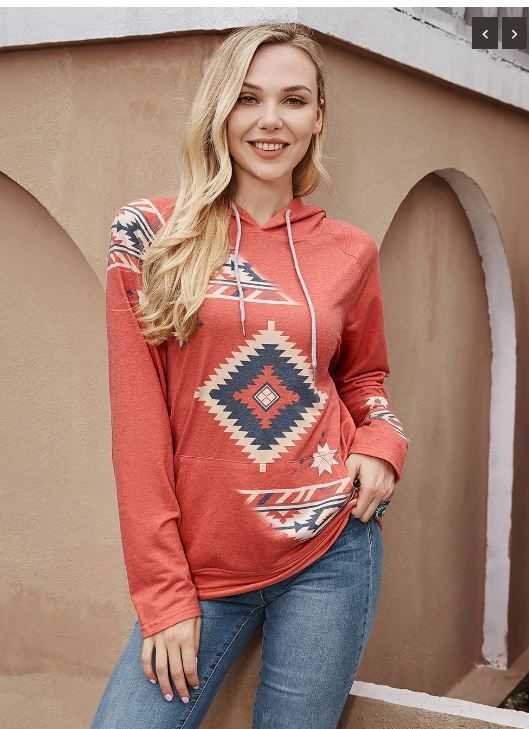 H1004OR(PREPACK 8PC) American Bling Women Aztec Graphic Hoodie