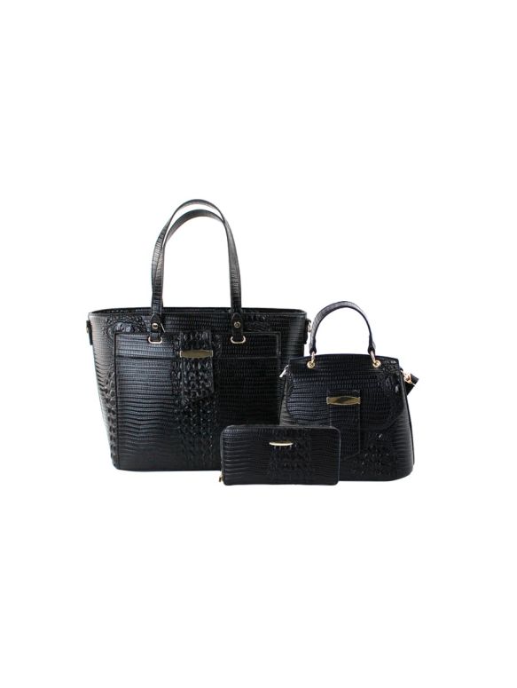 LMD003-Z BK CROCODILE LEATHER BAG, CROSSBODY AND PURSE SET 3PC SET