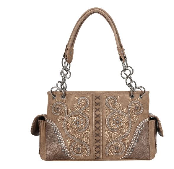 MW1076G-8085 BR  Montana West Floral Embroidered Collection Concealed Carry Satchel