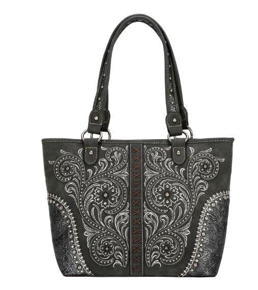 MW1076G-8317 BK Montana West Floral Embroidered Collection Concealed Carry Tote