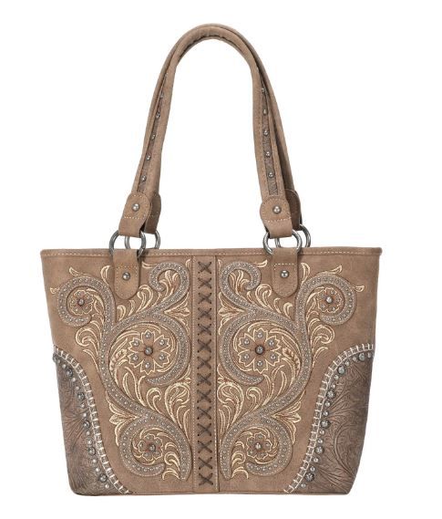 MW1076G-8317 BR Montana West Floral Embroidered Collection Concealed Carry Tote