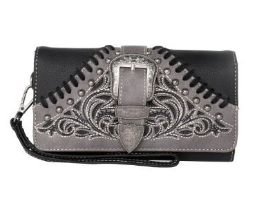 MW1111-W018 BK  Montana West Floral Embroidered Buckle Collection Wallet