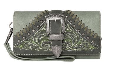 MW1111-W018 GN  Montana West Floral Embroidered Buckle Collection Wallet