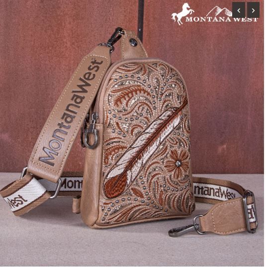 MW1133 210 KH  Montana West Embroidered Feather Cut-Out Floral Sling Bag