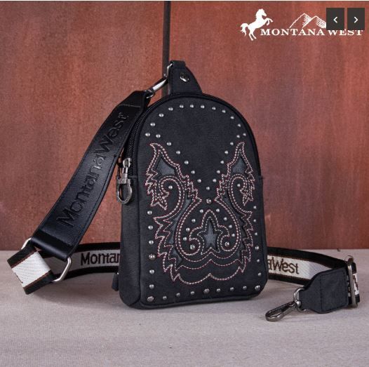 MW1137-210 BK Montana West Embroidered Cut-out Boot Scroll Sling Bag