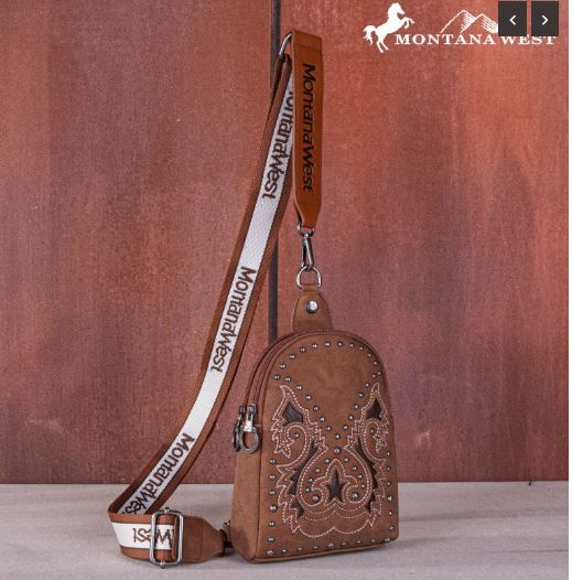 MW1137-210 BR Montana West Embroidered Cut-out Boot Scroll Sling Bag