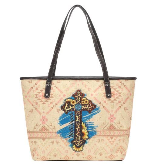 MW1170-8112  TN  Montana West Aztec Leopard Cross Print Canvas Tote Bag