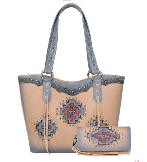 MW1220G-8317W TN Montana West Cut-out Aztec Collection Concealed Carry Tote with Matching Wallet