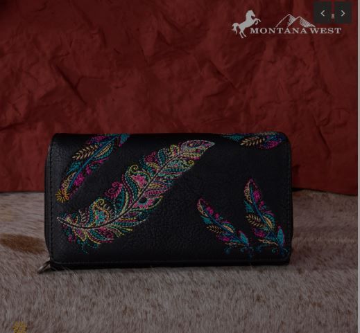 MW1242-W010 BK Montana West Feather Embroidered Collection Wallet