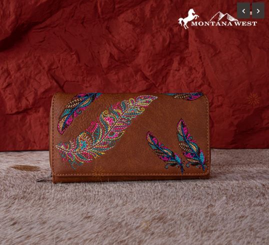 MW1242-W010 BR Montana West Feather Embroidered Collection Wallet