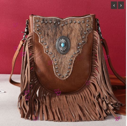 MW1243-8369 BR Montana West Hair-On Cowhide Fringe Crossbody