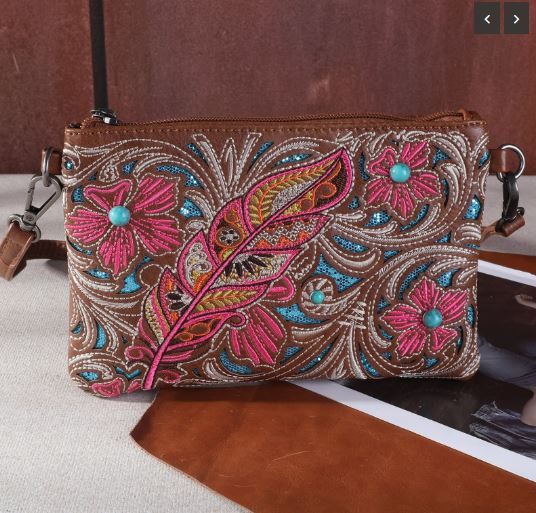 MW1244-181 BR Montana West Embroidered Floral Cut-out Collection Clutch/Crossbody