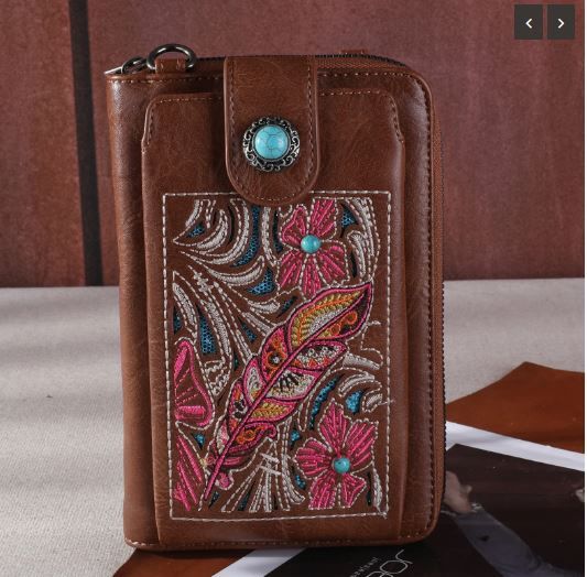 MW1244-183 BR Montana West Embroidered Floral Cut-out Collection Phone Wallet/Crossbody