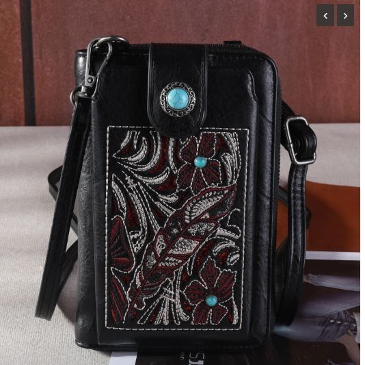 MW1244-183 BK Montana West Embroidered Floral Cut-out Collection Phone Wallet/Crossbody