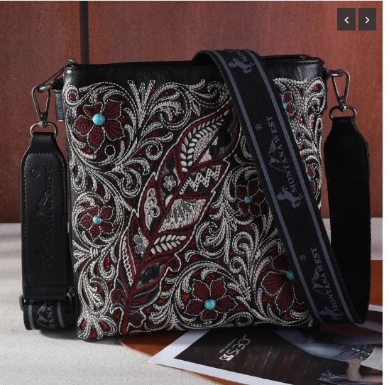 MW1244G-9360 BK Montana West Embroidered Floral Cut-out Collection Concealed Carry Crossbod