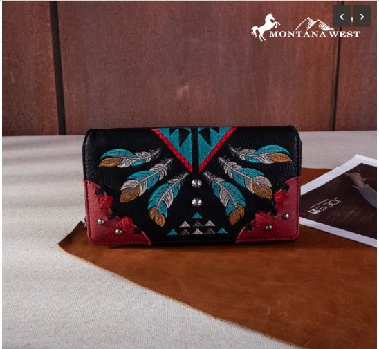 MW1246-W010 BK  Montana West Embroidered Arrow Feather Collection Wallet