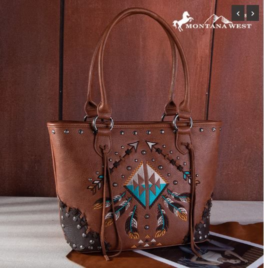 MW1246G-8317 BR Montana West Embroidered Arrow Feather Collection Concealed Carry Tote