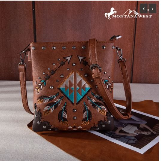 MW1246G-9360 BR Montana West Embroidered Arrows Feather Collection Concealed Carry Crossbody