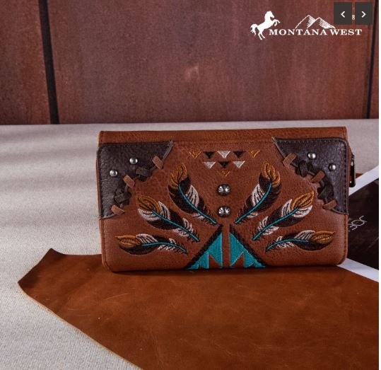 MW1246-W010 BR  Montana West Embroidered Arrow Feather Collection Wallet