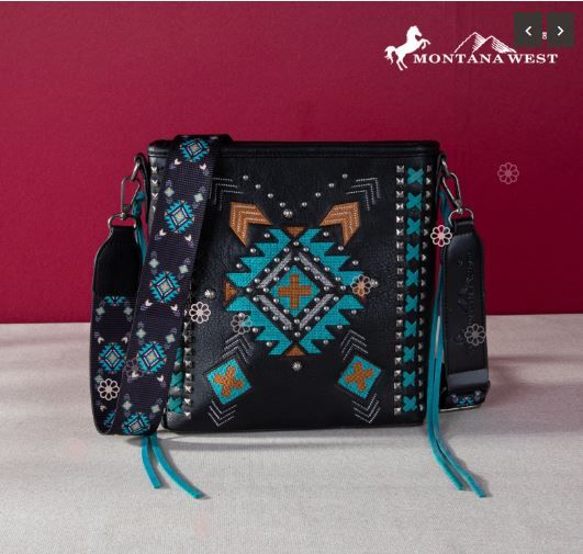 MW1248G-9360 BK Montana West Embroidered Aztec Collection Concealed Carry Crossbody