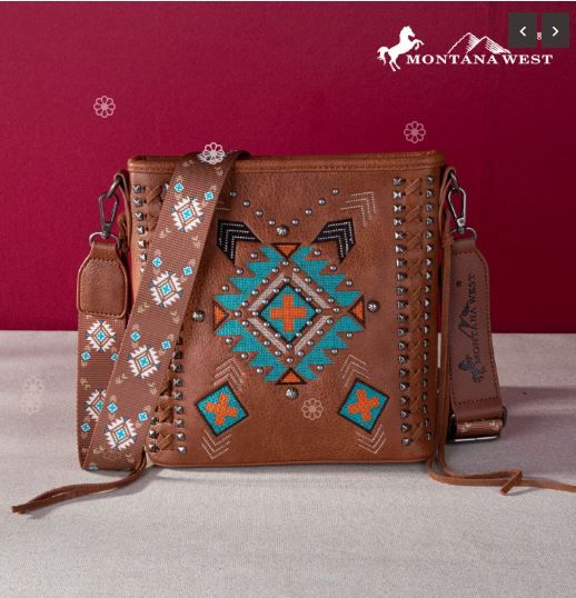 MW1248G-9360 BR Montana West Embroidered Aztec Collection Concealed Carry Crossbody