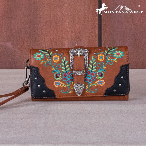 MW1252-W018 BR Montana West Embroidered Buckle Collection Wallet