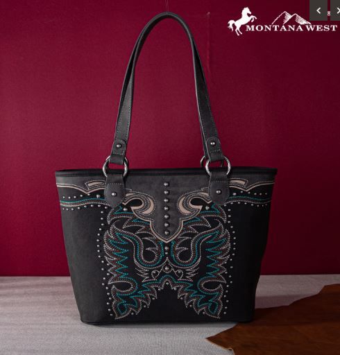 MW1253G-8317 BK Montana West Embroidered Collection Concealed Carry Tote