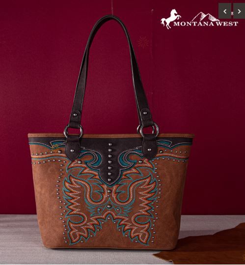 MW1253G-8317 BR Montana West Embroidered Collection Concealed Carry Tote