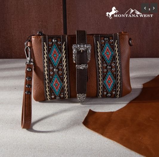 MW1254-181 BR Montana West Buckle Aztec Collection Clutch/Crossbody