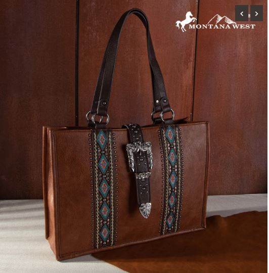 MW1254G-8119 BR Montana West Buckle Aztec Collection Concealed Carry Tote