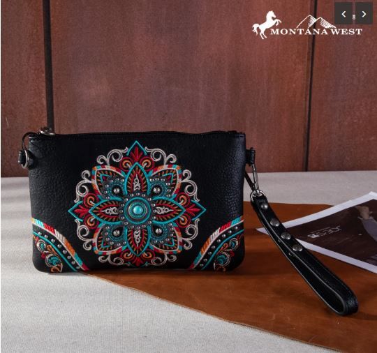 MW1258-181 BK  Montana West Embroidered Tribal Mandala Collection Clutch/Crossbody