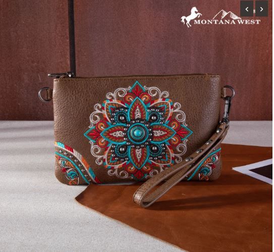 MW1258-181 BR  Montana West Embroidered Tribal Mandala Collection Clutch/Crossbody