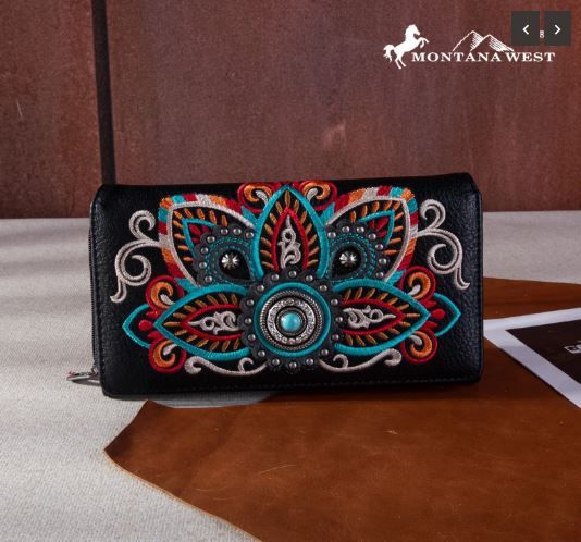 MW1258-W010 BK Montana West Embroidered Tribal Mandala Collection Wallet 