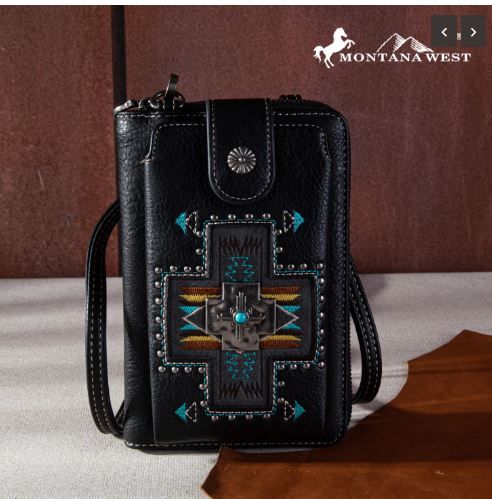 MW1261-813 BK Montana West Embroidered Arrows Feathers Collection Phone Wallet/Crossbody