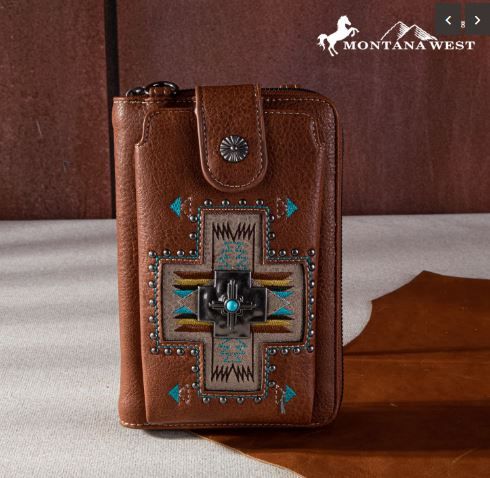 MW1261-813 BR Montana West Embroidered Arrows Feathers Collection Phone Wallet/Crossbody