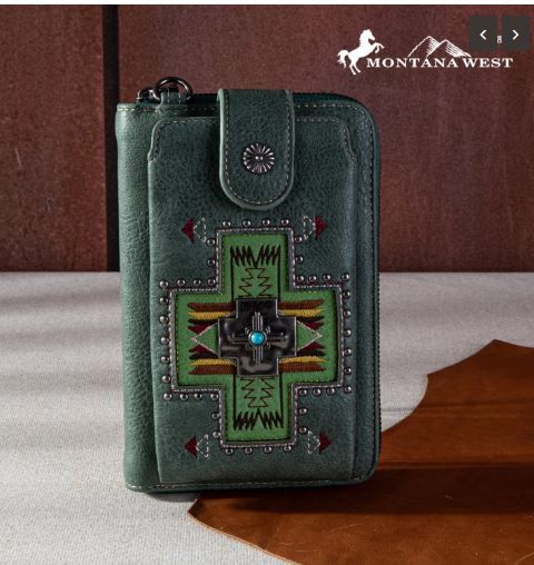 MW1261-813 GN Montana West Embroidered Arrows Feathers Collection Phone Wallet/Crossbody