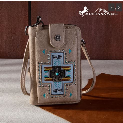 MW1261-813 KH Montana West Embroidered Arrows Feathers Collection Phone Wallet/Crossbody