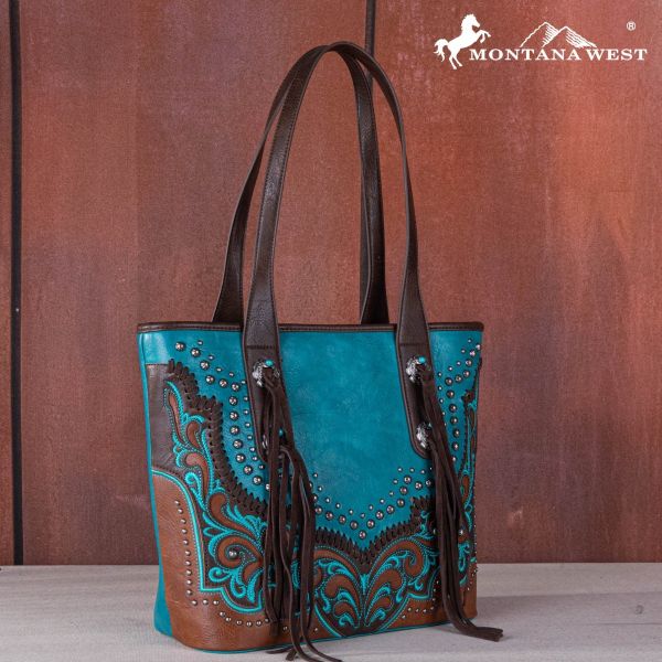 MW1269G-8317 TQ  Montana West Embroidered scroll Cut-out Collection Concealed Carry Tote