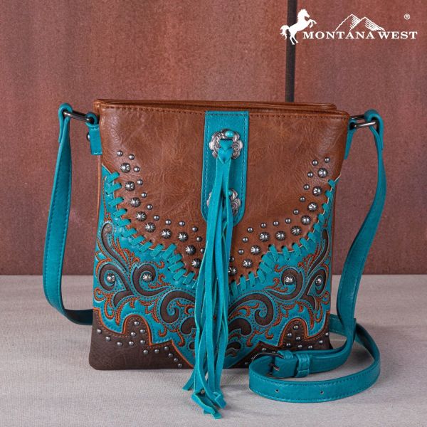 MW1269G-9360 BR Montana West Embroidered Scroll Cut-out Collection Concealed Carry Crossbody