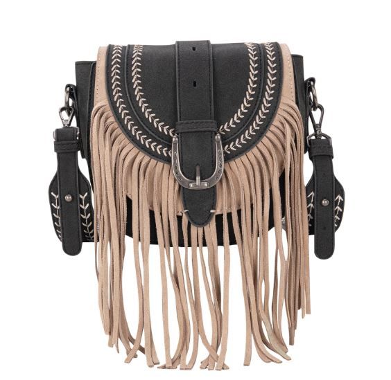 MW1289-8360 BK Montana West Buckle Fringe Collection Saddle Bag/Crossbody