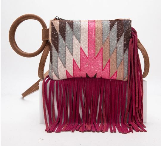 MW1290-181 HPK Montana West Aztec Print Fringe Ring Handle Wristlet Clutch Bag