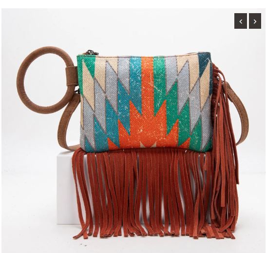 MW1290-181 OR Montana West Aztec Print Fringe Ring Handle Wristlet Clutch Bag