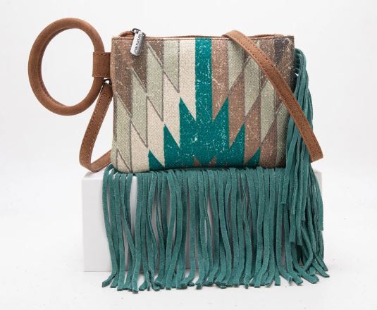 MW1290-181 TQ Montana West Aztec Print Fringe Ring Handle Wristlet Clutch Bag