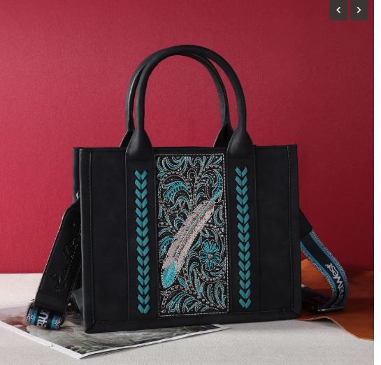 MWF0122-8120S BK  Montana West Embroidered Feather Tote/Crossbody