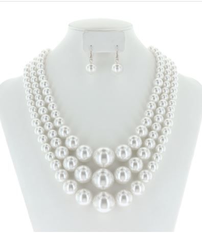 NPY065 RWH Multi Layered Pearl Strands Chunky Necklace And Earrings Set 