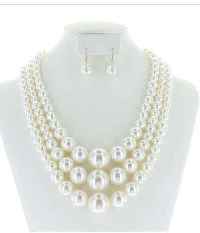 NPY065 GCR Multi Layered Pearl Strands Chunky Necklace And Earrings Set 