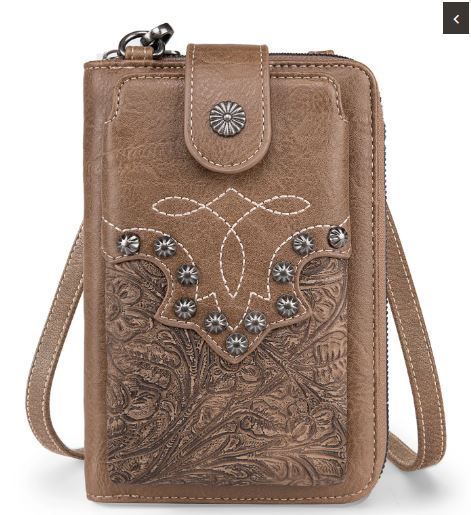 PHD-2006 BR American Bling Embossed Floral Boot Stitch Phone Wallet/Crossbody