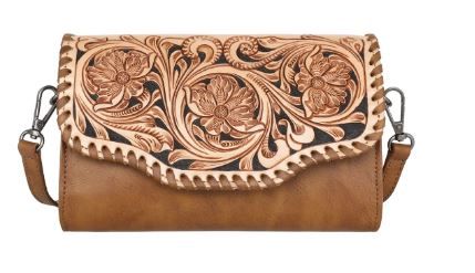 RLC-L171 BR Montana West Genuine Leather Hand Tooled Clutch/Crossbody